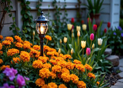 Ogród, Latarnia, Kwiaty, Aksamitki, Tulipany, Bluszcz, AI