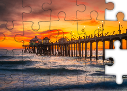 Morze, Fale, Molo, Huntington Beach Pier, Zachód słońca, Huntington Beach, Kalifornia, Stany Zjednoczone