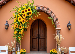 Łuk kwiatowy, Słoneczniki, Dom, Drzwi, Latarnie