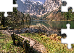 Austria, Jezioro Hintere Langbathsee, Góry Alpy, Drzewa, Ławeczka