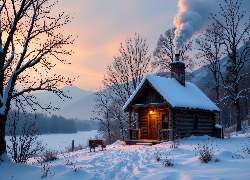 Zima, Dom, Dym, Ławka, Drzewa, Góry, Śnieg