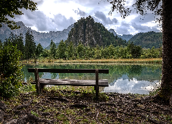 Austria, Góry, Jezioro, Almsee, Ławka, Drzewa