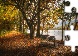 Wielka Brytania, Anglia, Kumbria, Lake District, Park, Ścieżka, Drzewa, Ławka, Jezioro Coniston Water, Jesień