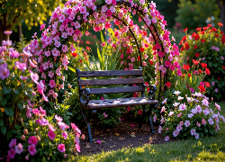 Ławka, Kolorowe, Kwiaty, Ogród