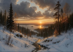Zima, Drzewa, Jezioro, Pagórki, Chmury, Śnieg