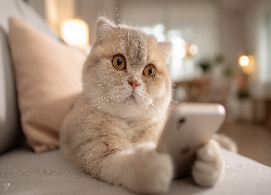 Beżowy, Kot, Kanapa, Telefon, Komórka, Grafika AI