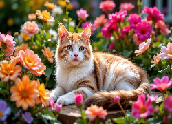 Biało-rudy, Kot, Spojrzenie, Kwiaty