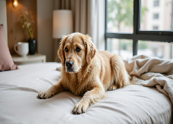 Pies, Golden retriever, Łóżko, Okno