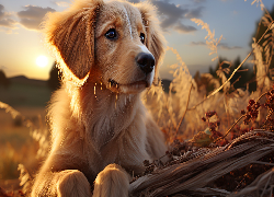 Golden retriever, Pies, Szczeniak, Rośliny, Grafika