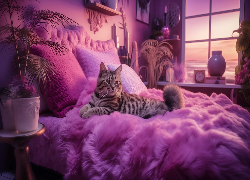 Kot, Pokój, Łóżko, Fioletowa, Narzuta