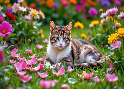 Kot, Leżący, Kwiaty, Płatki, Trawa