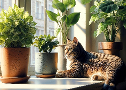 Kot, Okno, Rośliny, Doniczki