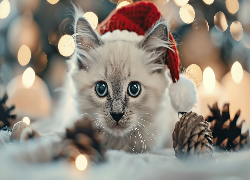 Kot, Mały, Kotek, Czapka, Mikołaja, Szyszki