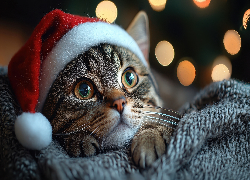 Bury, Kot, Duże, Oczy, Czapka, Mikołaja