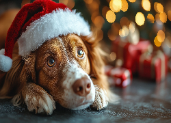 Pies, Springer spaniel walijski, Czapka, Mikołaja, Prezenty