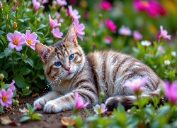 Leżący, Pręgowany, Kot, Kwiaty
