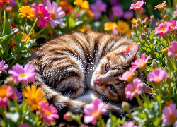 Pręgowany, Leżący, Kot, Kwiaty