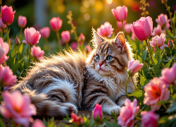 Kot, Kwiaty, Tulipany