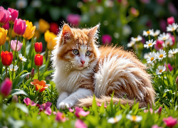 Kot, Rudo-biały, Leżący, Trawa, Kwiaty, AI