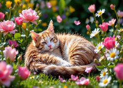Kot, Leżący, Kwiaty