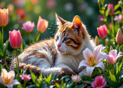 Leżący, Kot, Kwiaty, Lilie, Tulipany