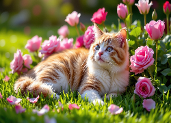 Rudo-biały, Kot, Różowe, Kwiaty, Róże, Tulipany, AI