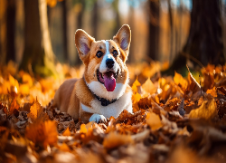 Welsh corgi pembroke, Pies, Liście, Jesień, Grafika