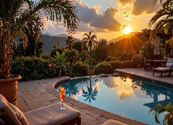 Basen, Palmy, Leżaki, Zachód słońca, Góry