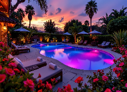 Basen, Ogród, Palmy, Zachód słońca, Grafika AI