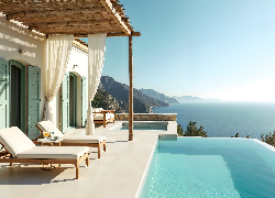 Dom, Basen, Leżaki, Taras, Góry, Morze