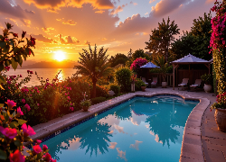 Basen, Leżaki, Palmy, Parasole, Morze, Chmury, Zachód słońca