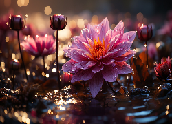 Lilia wodna, Kwiat, Pąki, Światło, Grafika