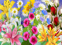 Kwiaty, Lilie, Róże, Malwy, 2D