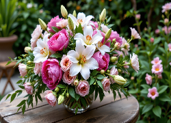 Kwiaty, Kolorowe, Lilie, Piwonie, Kamelie, Bukiet, Wazon, Stół, Ogród, Grafika AI