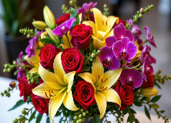 Kwiaty, Żółte, Lilie, Czerwone, Róże, Fioletowe, Storczyki, Bukiet