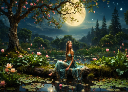 Kobieta, Staw, Lilie wodne, Drzewo, Księżyc, Grafika