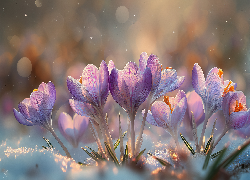Krokusy, Kwiaty, Śnieg, Grafika AI