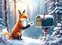 Zima, Las, Skrzynka, Pocztowa, Lis, List, Grafika