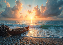 Morze, Łódka, Plaża, Fale, Zachód słońca