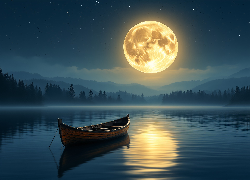Noc, Księżyc, Łódka, Jezioro, AI