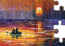 Malarstwo, Leonid Afremov, Jezioro, Łódka, Drzewa, Wschód słońca