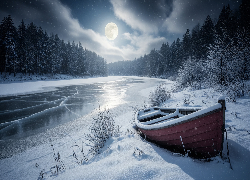Zima, Śnieg, Noc, Księżyc, Rzeka, Drzewa, Łódka