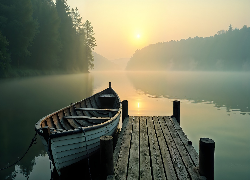 Jezioro, Pomost, Łódka, Mgła, Poranek