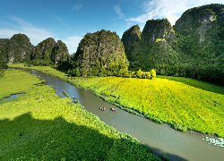 Wietnam, Ninh Binh, Rzeka, Ngo Dong, Pola, Łódki, Góry, Atrakcja turystyczna, Tam Coc Ninh Binh