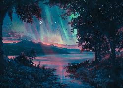 Grafika, Jezioro, Góry, Zorza polarna, Drzewa, Łódki