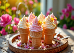 Lody, Wafelki, Płatki, Kwiaty, Taca