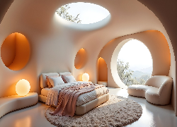 Sypialnia, Łóżko, Okrągłe, Okna