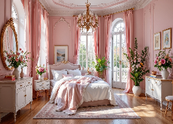 Sypialnia, Łóżko, Komody, Kwiaty, Bukiety, Lustro, Żyrandol, Różowe, Zasłony