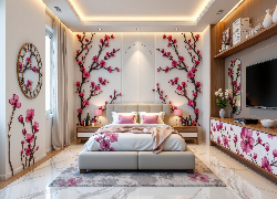 Sypialnia, Łóżko, Telewizor, Kwiatowe, Dekoracje, Lampki, Zegar