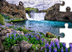 Wodospad Hjalparfoss, Skały, Rzeka, Kamienie, Kwiaty, Łubiny, Niebo, Chmury, Islandia
